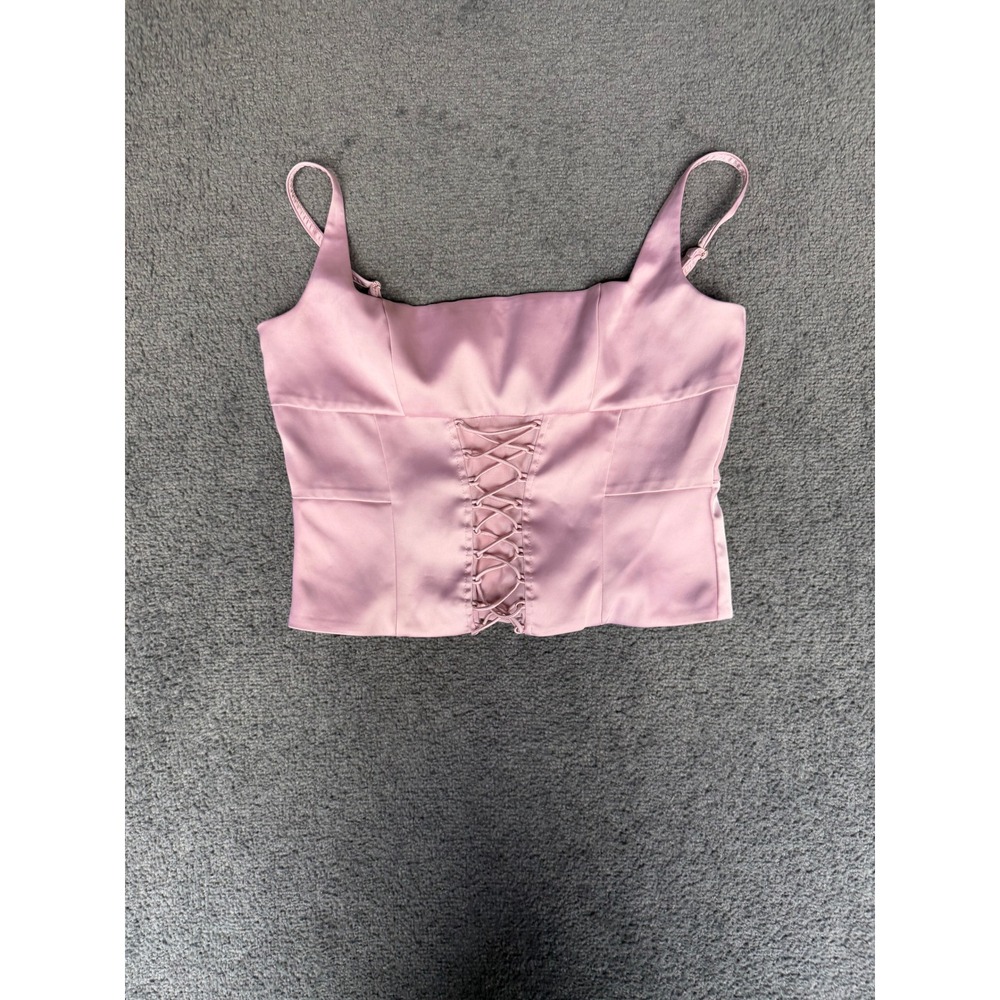 Oh Polly Pink Satin Lace Up Corset Crop Top Adjustable Straps Size US 10